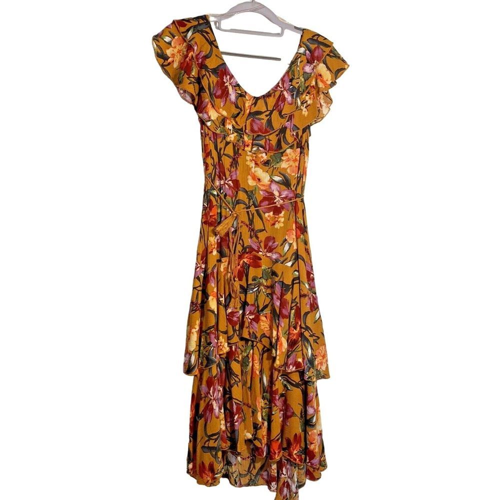 UMGEE Sleeveless Mustard Mix Midi Floral Ruffle‎ Dress Size Small